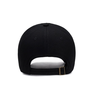Rear view of black cotton baseball cap featuring adjustable vintage brass metal buckle