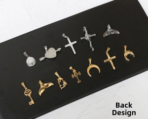 Detailed back view of vintage 18K gold plated steel pendants with smooth polished finish