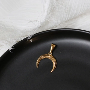 Macro view of golden crescent moon pendant with tribal engraving in a black vessel