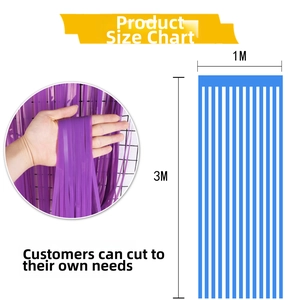 Size chart for 1x3m tinsel curtain showing customizable width and DIY trimming features