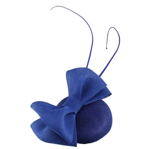 Close-up of blue fascinator hat with woven bow and feathers for banquet events