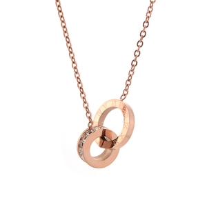 Rose gold stainless steel double ring necklace with Roman numerals and crystals