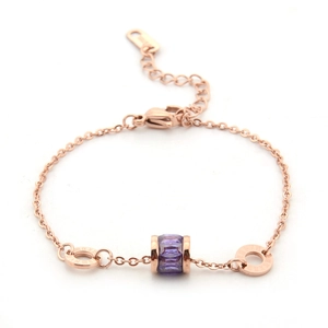 Rose gold titanium steel chain bracelet with purple gemstone and Roman numeral charms