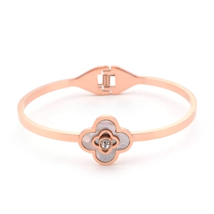 Four Leaf Clover Stainless Steel Bangle White Mother Of Artificial Pearl Zircon Rose Gold Plated Flower Elegant Jewelry For Women
