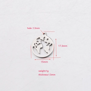 Detailed view of silver stainless steel world map pendant with 15mm size specifications