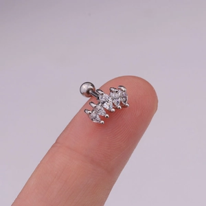 Silver ear cartilage stud featuring marquise-cut zircons and a screw-back ball closure