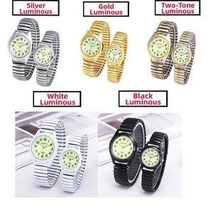 Luminous couple watches with elastic stretch bands in gold silver and black finishes