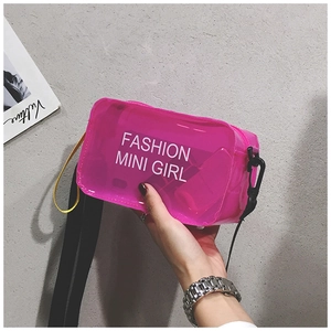 Detail of rose pink transparent PVC mini crossbody bag with Fashion Mini Girl print