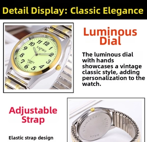 Detailed view of luminous dial and stainless steel expansion band on quartz watch