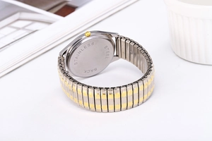 Detailed back view of a casual stretch watch with a silver stainless steel case
