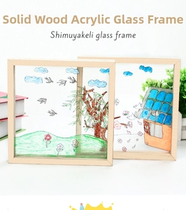 Detail of wooden picture frame with acrylic glass featuring artistic floral illustration