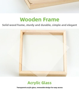 Detailed view of wooden frame with removable acrylic panel for DIY children art projects