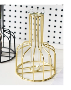 Vase hydroponique doré en forme de cage avec tube de verre pour plantes et fleurs