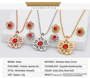 Detailed specs of hollow floral jewelry set with red zircon in gold and steel tones