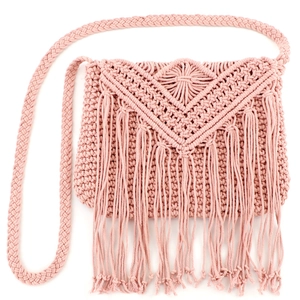 Pink bohemian macrame crossbody bag with long tassels and braided shoulder strap