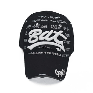 Black distressed baseball cap featuring white 3D Bat towel embroidery and hip hop prints