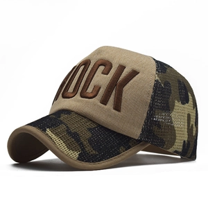 Camo patchwork baseball cap with 3D ROCK embroidery and breathable mesh side view