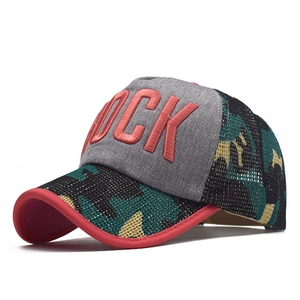 Side view of camo trucker hat featuring red ROCK embroidery and breathable mesh panels