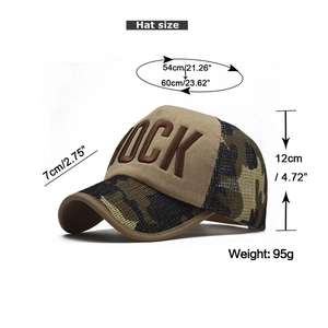 Detailed size chart for the camouflage ROCK mesh trucker hat showing dimensions and weight