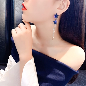 Exaggerated silver needle long tassel earrings with blue rhinestone stars for women