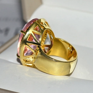 Detail view of pink teardrop crystal ring with gold plated 925 silver stamp