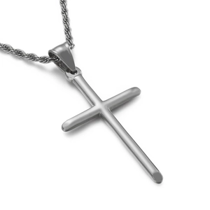 Polished silver stainless steel cross pendant necklace with classic twist chain link