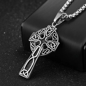 Polished silver Celtic cross necklace pendant for men made of durable titanium steel