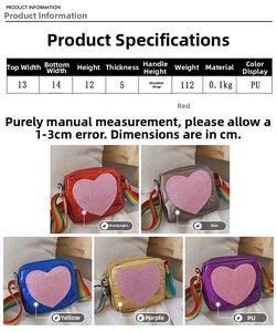 Dimensions des sacs à bandoulière en forme de cœur en cinq couleurs à paillettes