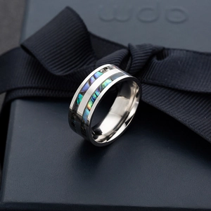 Polished titanium steel ring with double-row abalone shell inlays on a blue gift box