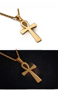 Polished gold Ankh cross pendant on twisted rope chain with high reflective finish