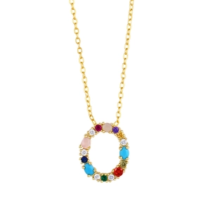 Macro shot of oval gold necklace pendant set with vibrant multi-colored zircon stones