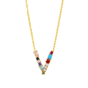 Detail of V-shaped gold necklace featuring eleven multicolored gemstones on an O-chain