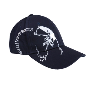 Navy blue baseball cap with white skull embroidery in 3D effect on a plain background