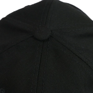Top view detail of a black baseball cap featuring six-panel crown and center button