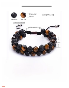 Detail showing 8mm tiger eye stone and lava rock beads with adjustable 19-30cm strap