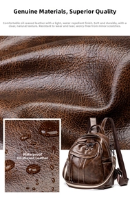 Detail of vintage oil wax leather backpack showing waterproof texture and front zip pocket