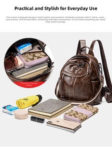 Internal view of a brown vintage oil wax leather backpack showing storage for daily items
