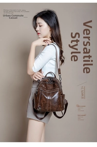 Retro brown oil wax leather backpack shown on model for stylish urban commuting
