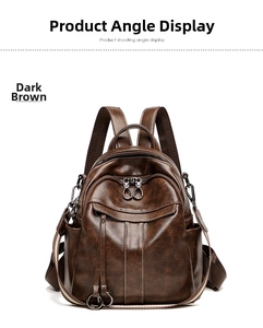 Detail view of vintage dark brown oil wax leather backpack with functional zippers