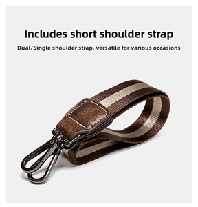 Detail of striped canvas short shoulder strap with leather and metal carabiner hook