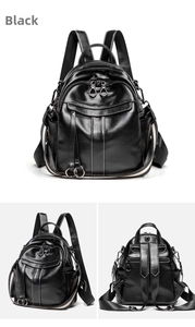 Detailed views of a black pebbled leather anti-theft backpack with multiple pockets