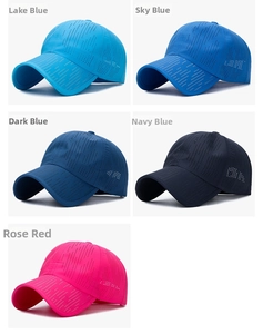 Detail view of five quick-dry breathable mesh sports caps in various blue and rose colors