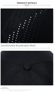 Detail of laser-cut ventilation holes and reinforced stitching on a black sports cap