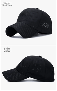 Detail view of black breathable quick-dry sports cap with laser perforated side panels