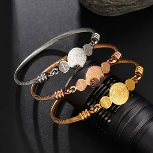 Three-color St. Benedict stainless steel wire rope bracelets in silver gold and rose gold