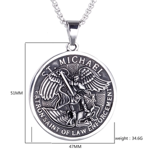 Detailed view of St. Michael pendant with size dimensions 51mm by 47mm and weight 34.6g