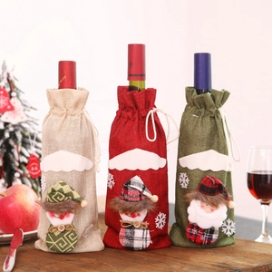 Christmas Wine Bottle Covers Burlap Linen Fabric Drawstring Santa Snowman Elf Plaid Festive Dinner Table Decor Party Novelty Gift Bag
