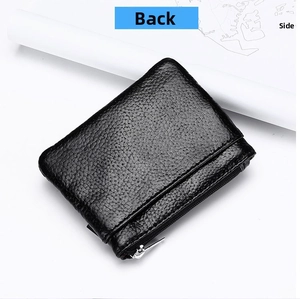Back view of black pebble grain leather wallet with high-quality silver zipper detail
