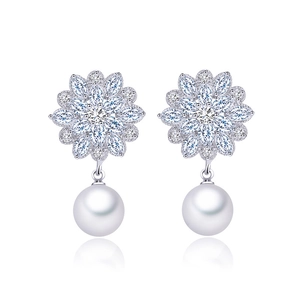 Macro shot of silver bridal earrings featuring a floral zircon cluster and pearl drop