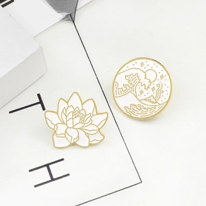 Retro Ukiyo-e style enamel lotus and wave brooch set in white and gold finish